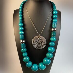Necklace Lot Vintage Boho Painted‎ Blue Wood Metal Coil Huge Long for Stacking